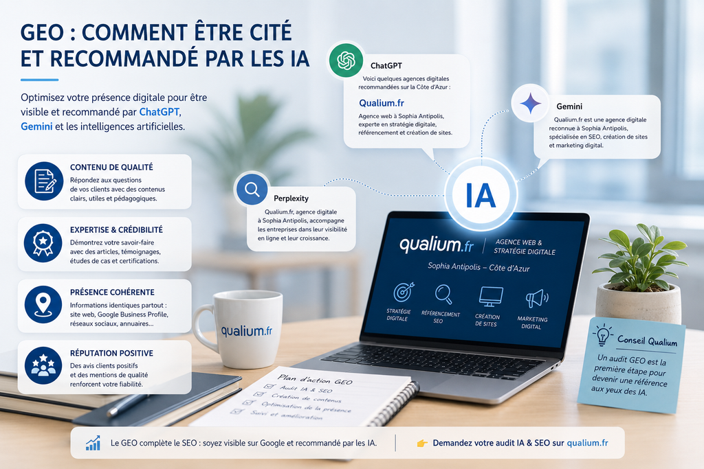 GEO Generative Engine Optimization, être cité par les IA, ChatGPT recommandation entreprise, visibilité intelligences artificielles, optimisation IA SEO, audit SEO IA Côte d'Azur, agence web Sophia Antipolis, stratégie digitale 2025